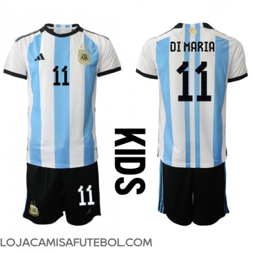 Camisa de Futebol Argentina Angel Di Maria #11 Equipamento Principal Infantil Mundo 2022 Manga Curta (+ Calças curtas)